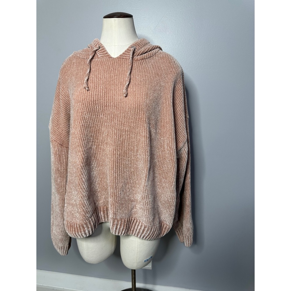 Primark Womens XL Chenille Knit Hoodie Ribbed Pullover Dusty Rose Pink Sweater